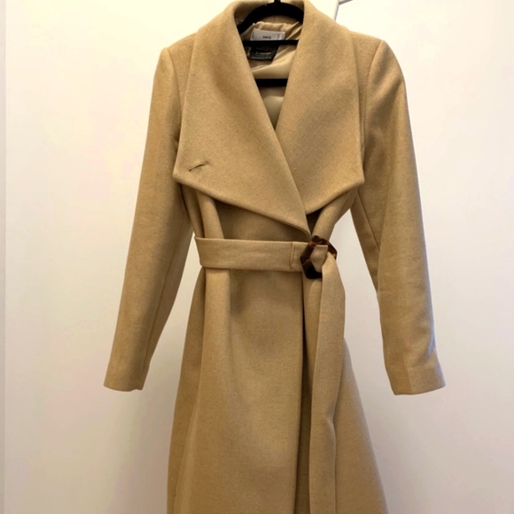 Mango Camel Wide Lapel Manteco Wool Belted Wrap Trench Coat - Picture 6 of 12